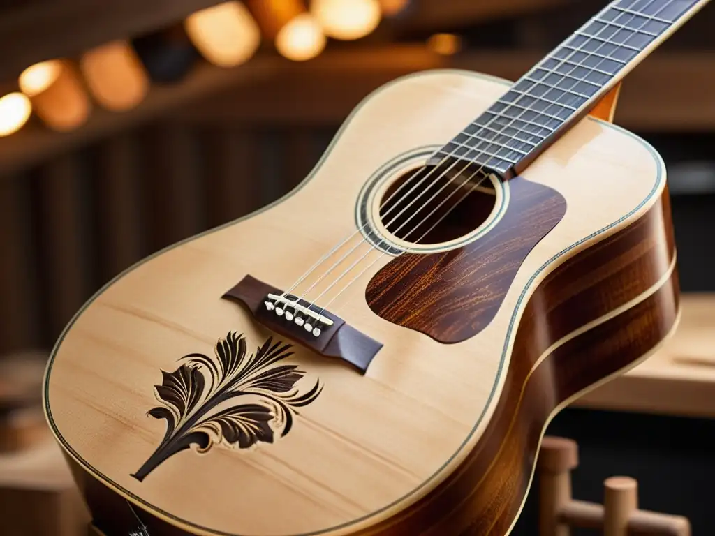 Un hábil artesano talla con precisión una guitarra acústica en un taller vintage, rodeado de herramientas y madera