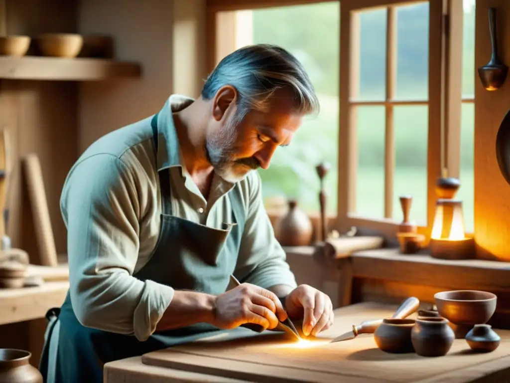 Un hábil artesano trabaja en un taller acogedor, rodeado de herramientas tradicionales y luz natural