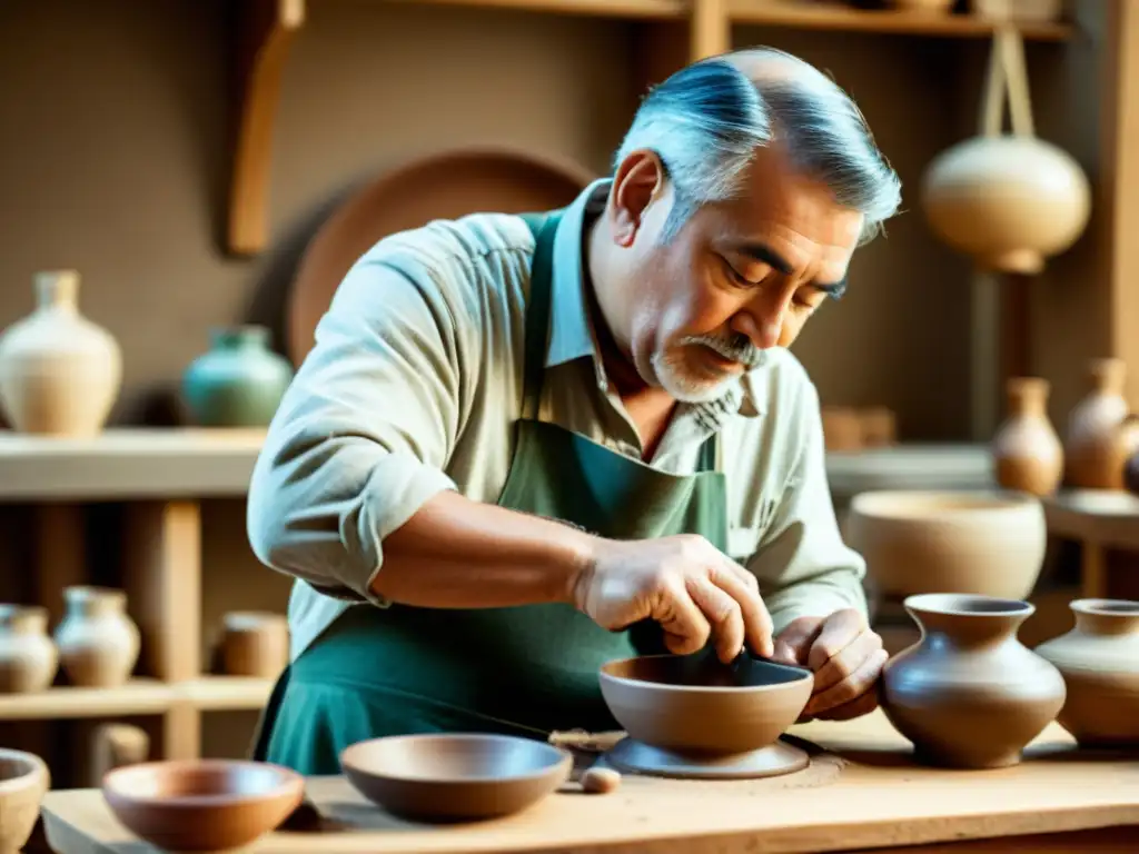 Un hábil artesano trabaja en su taller, creando artesanía tradicional con dedicación y destreza