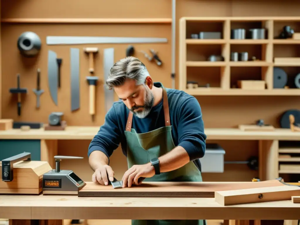 Un hábil artesano en su taller de carpintería digital, fusionando tradición y tecnología con prácticas sostenibles