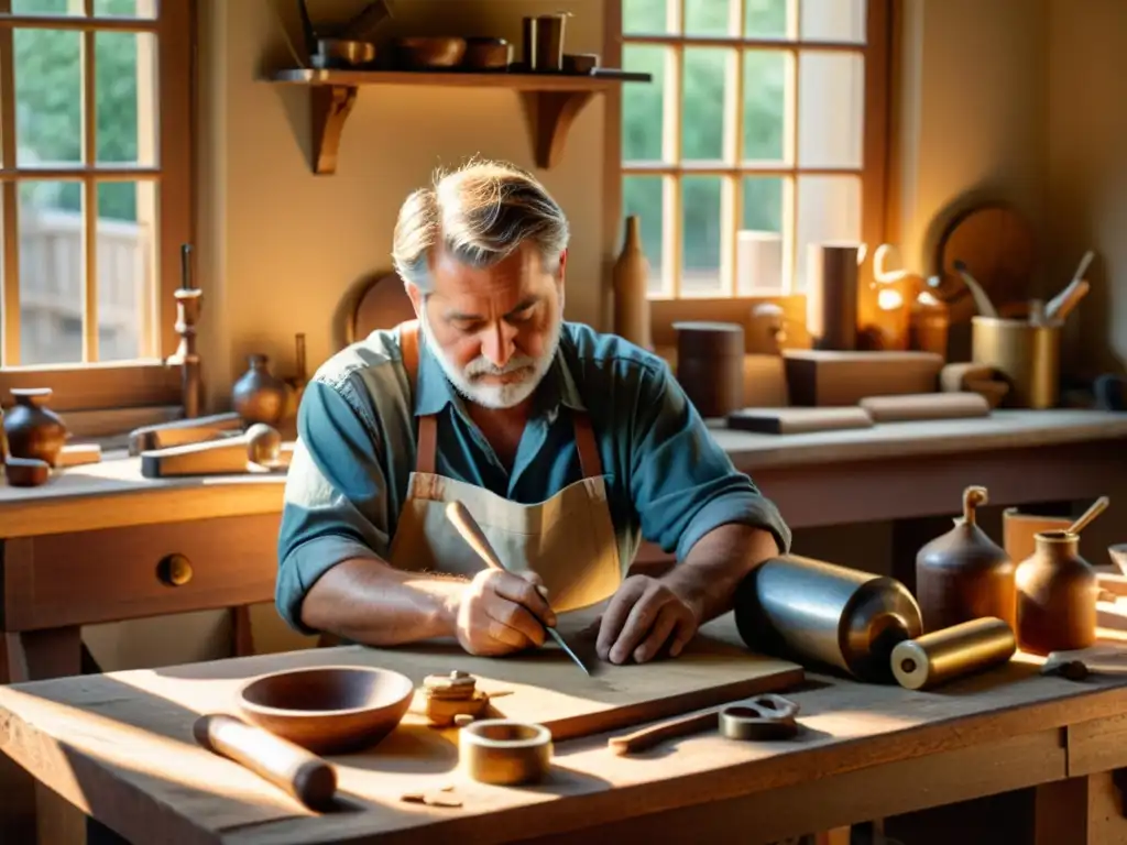 Un hábil artesano trabajando en su taller de forma tradicional, rodeado de herramientas y materiales