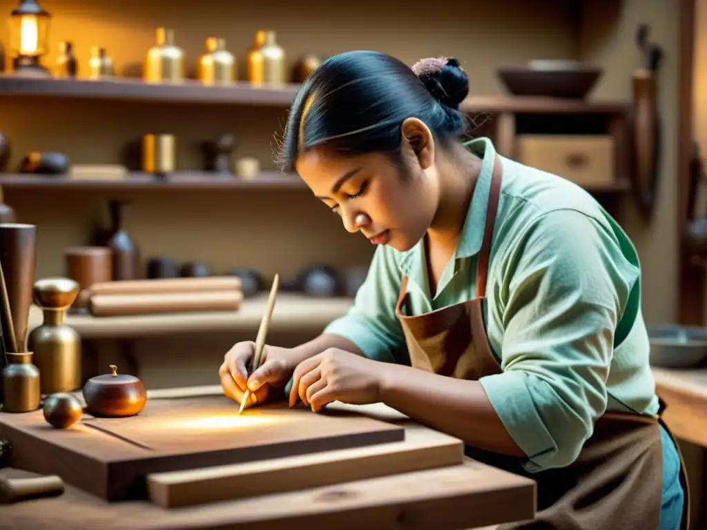 Un hábil artesano trabaja meticulosamente en su taller, utilizando herramientas tradicionales para crear una delicada obra de arte