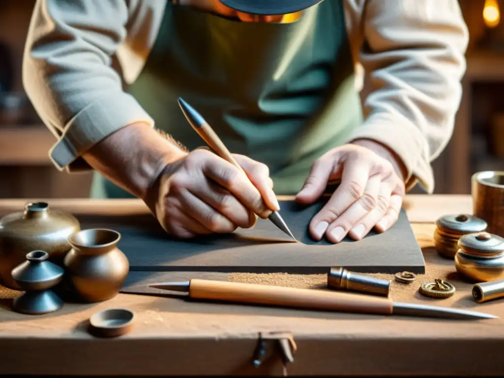 Un hábil artesano trabaja en su taller, rodeado de herramientas antiguas, creando artesanía tradicional