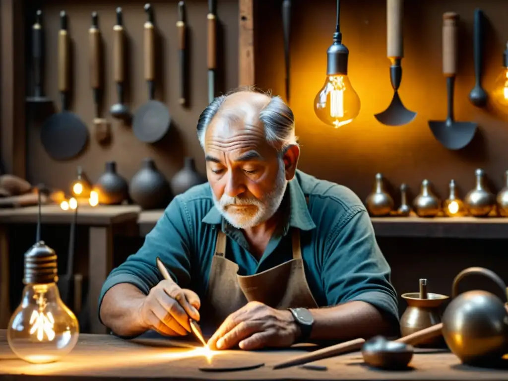 Un hábil artesano trabaja en su taller, rodeado de herramientas y materiales, creando una pieza de arte tradicional