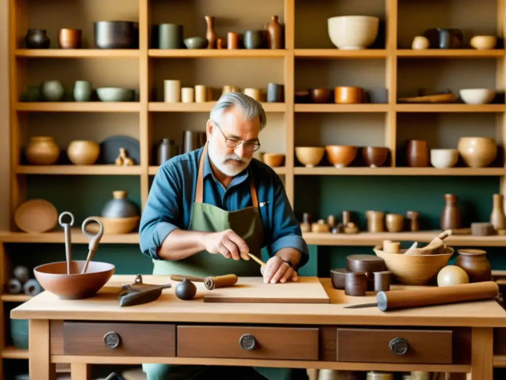 Un hábil artesano en su taller rodeado de herramientas tradicionales