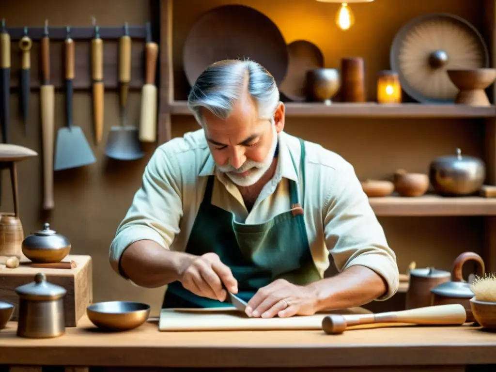 Artesano experto creando a mano en un taller tradicional Un hábil artesano trabaja en su taller, rodeado de herramientas tradicionales y materiales, creando productos a mano