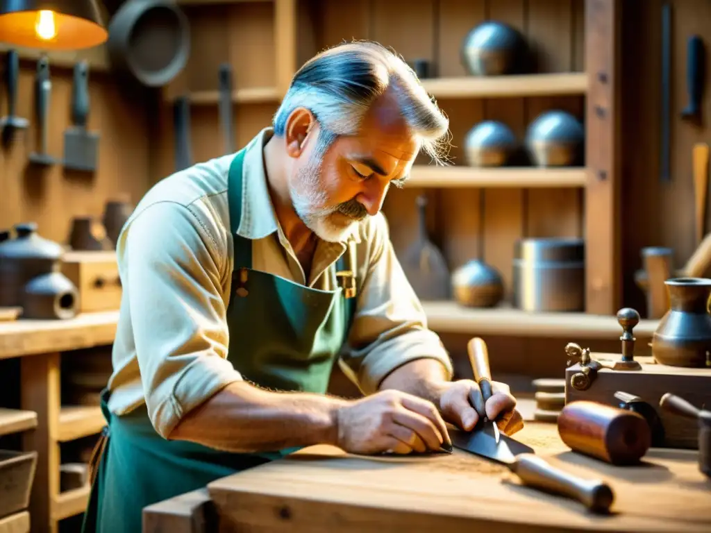 Un hábil artesano trabaja meticulosamente en su taller tradicional, creando una hermosa obra de arte