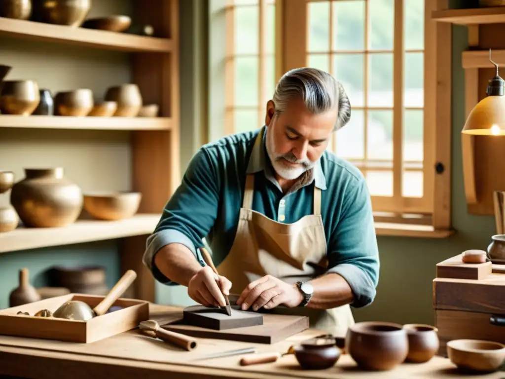 Un hábil artesano trabaja en su taller tradicional, rodeado de herramientas, materiales y productos terminados