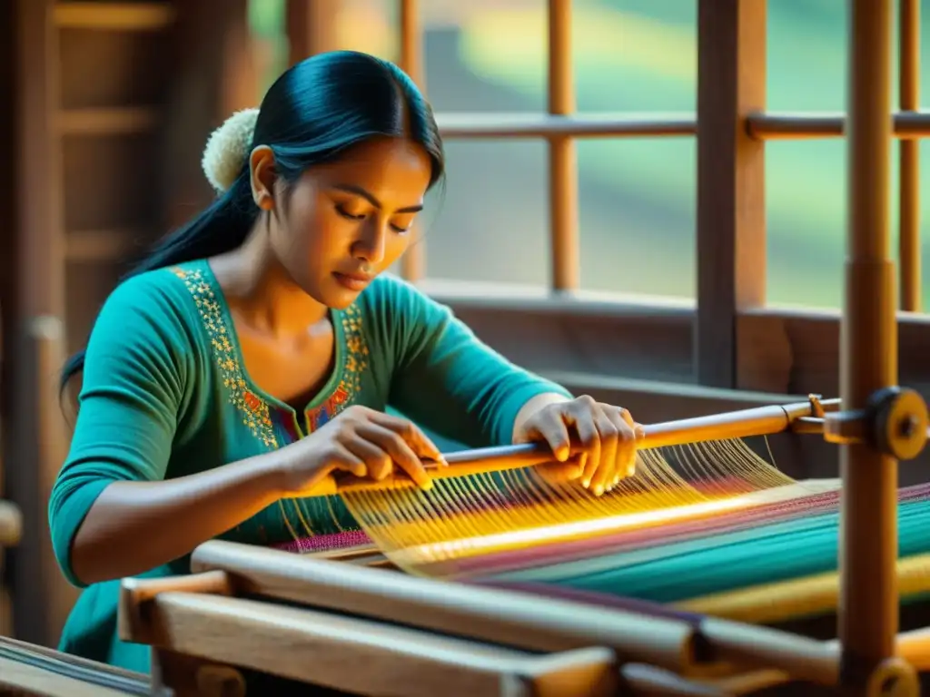Artesano tejiendo un tapiz digital en telar vintage Un hábil artesano tejiendo un tapiz artesanal digital narrativo en un telar de madera vintage, rodeado de herramientas y hilos coloridos