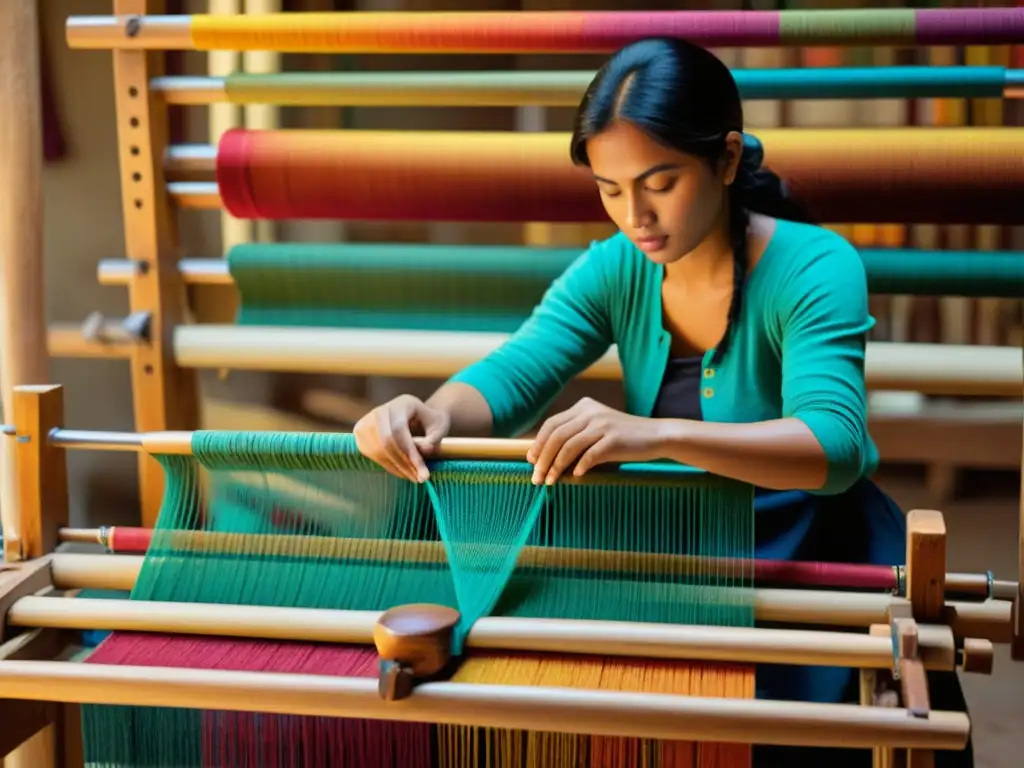 Artesana tejiendo un tapiz colorido en telar de madera Un hábil artesano teje un tapiz colorido en un telar de madera, evocando la nostalgia de los tapices artesanales digitales narrativos