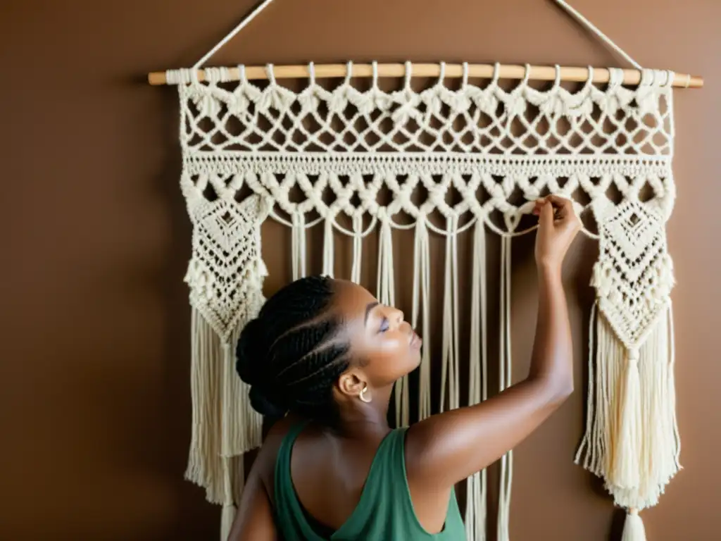 Un hábil artesano crea un tapiz de macramé con patrones digitales para macramé artesanal, evocando nostalgia y artesanía