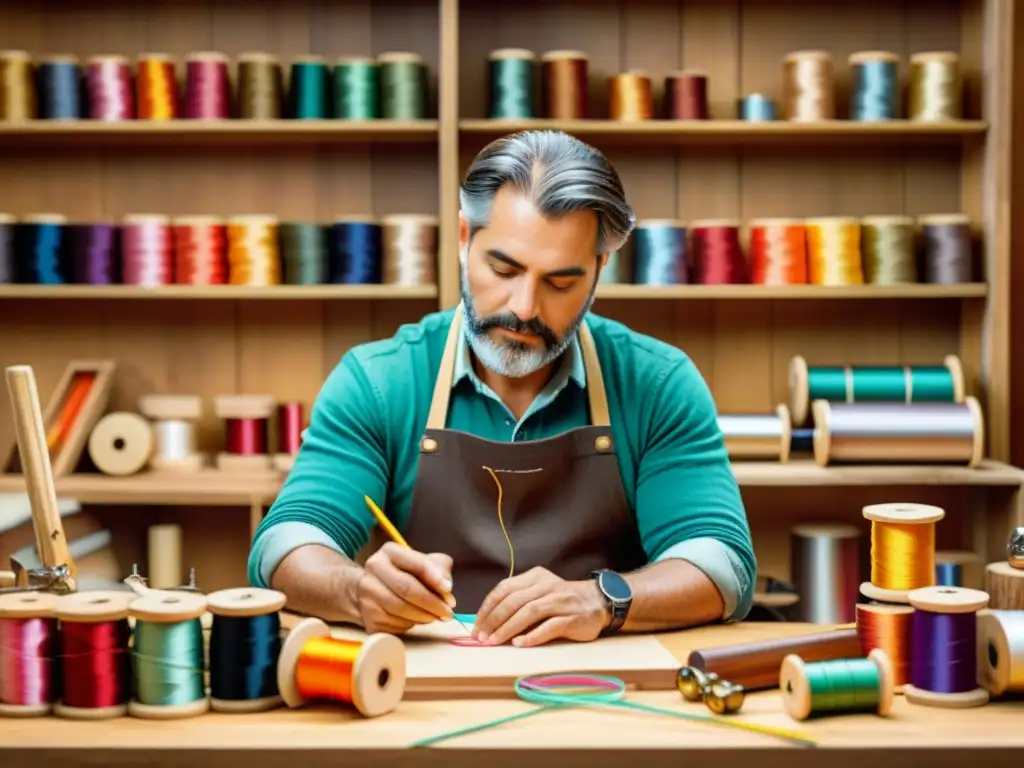 Un hábil artesano crea con técnicas artesanales en branding digital, rodeado de colores y elementos vintage