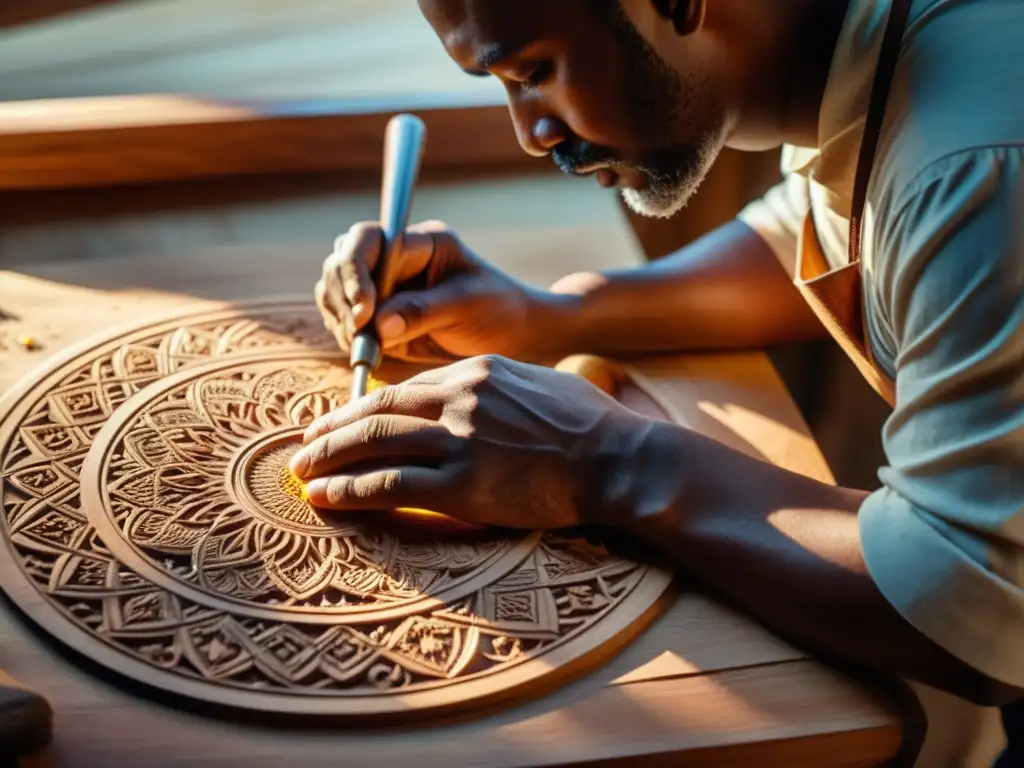 Un hábil artesano fusionando técnicas de tallado en madera en un panel de caoba, con virutas flotando en el aire