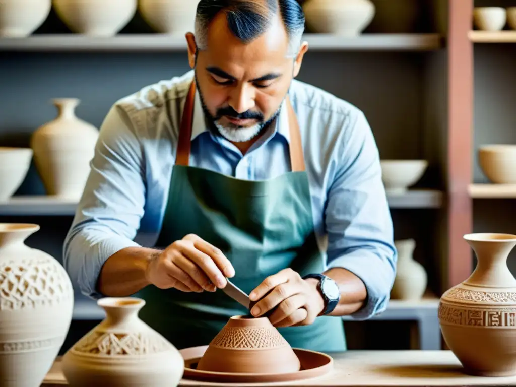 Un hábil artesano utiliza técnicas tradicionales para crear cerámica avanzada, en un taller vintage con tecnología moderna