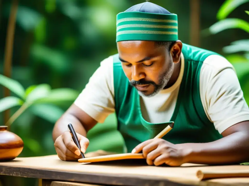 Un hábil artesano combina la tradición con la tecnología digital para crear productos ecológicos, rodeado de vegetación exuberante