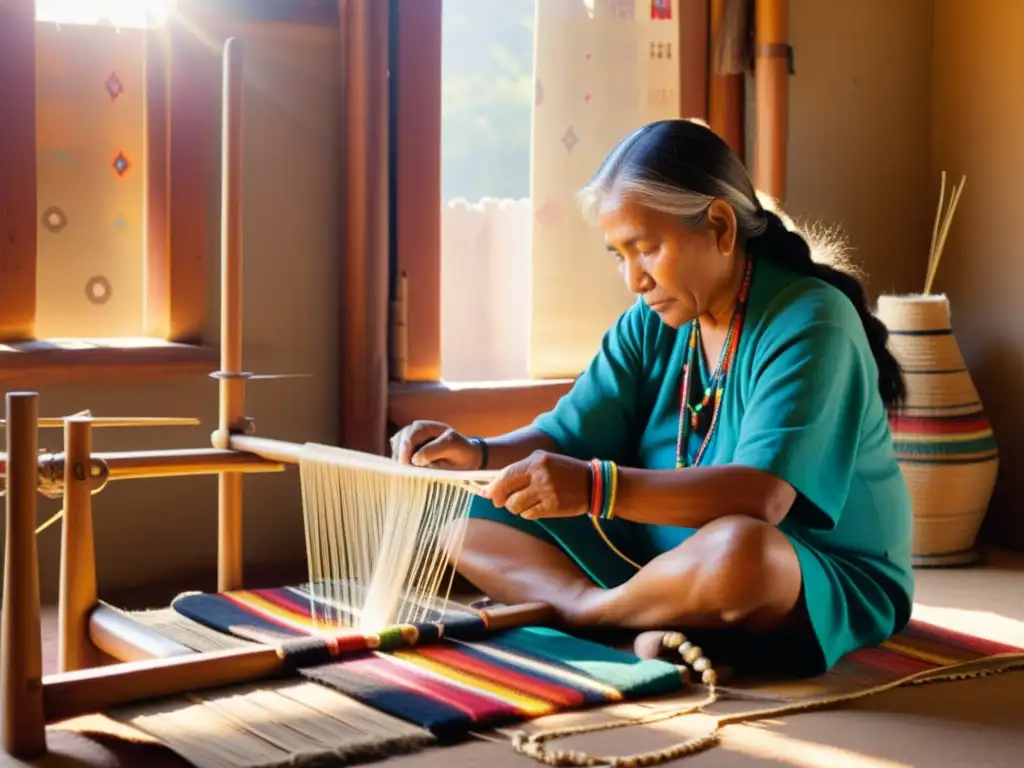 Un hábil artesano tejedor nativo preserva digitalmente la ancestral artesanía de tejidos, rodeado de colores y patrones vibrantes