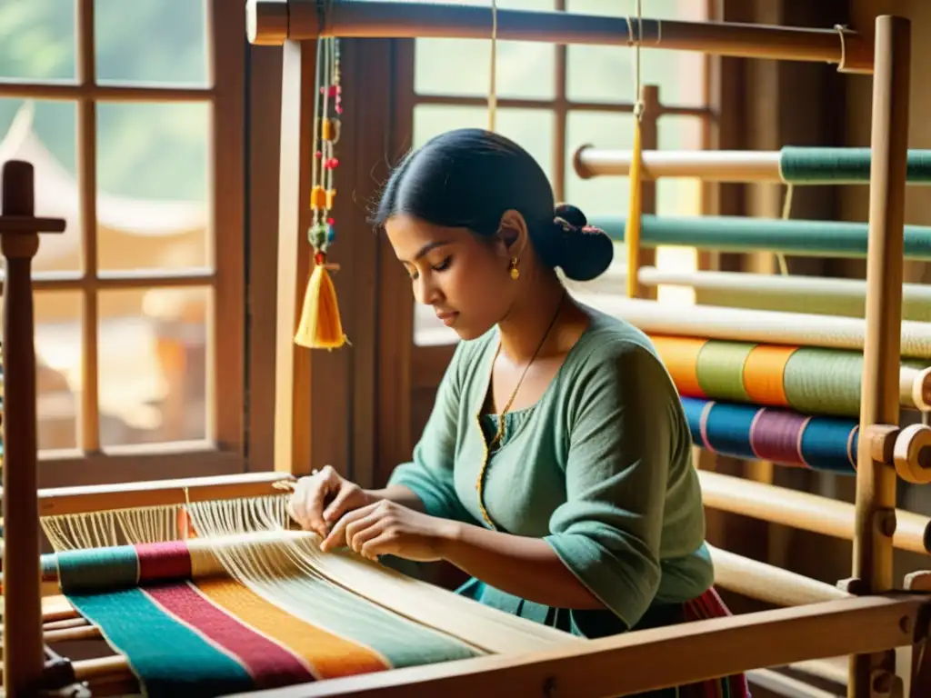 Un hábil artesano tejiendo tela en un telar de madera, rodeado de coloridos carretes de hilo y patrones textiles