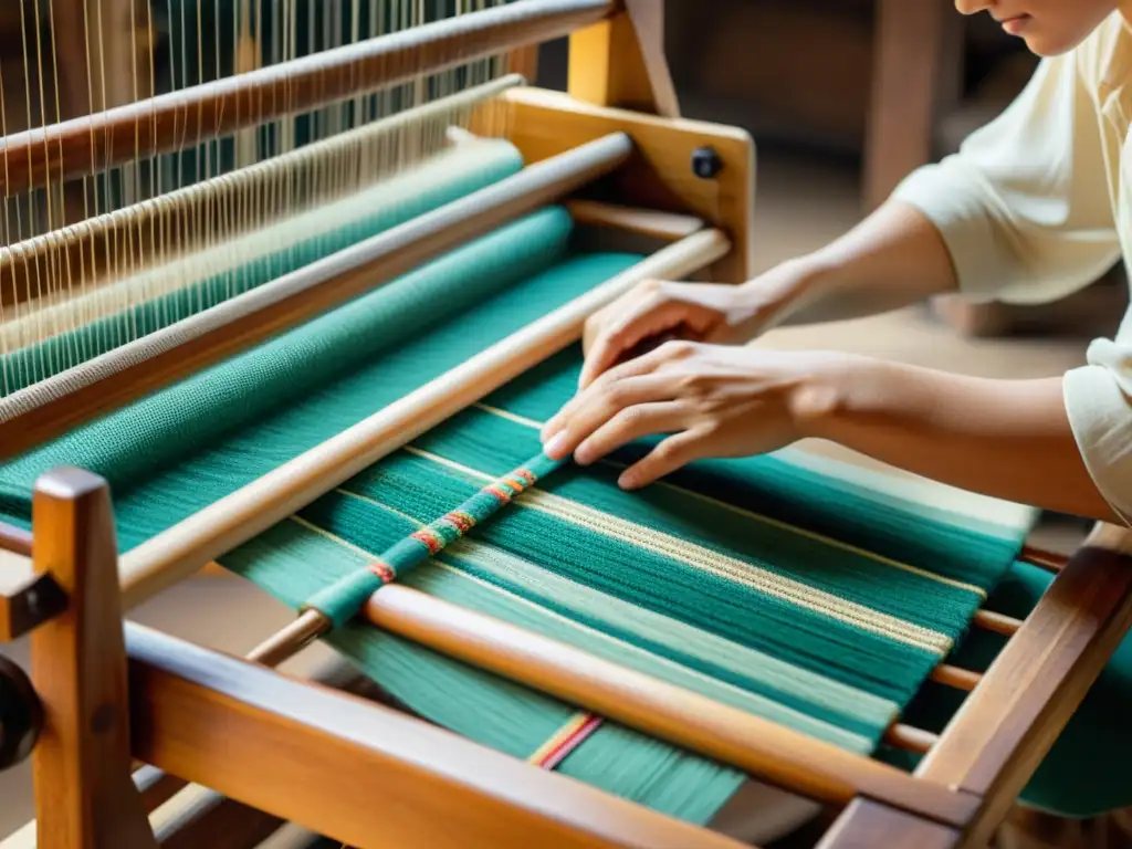 Un hábil artesano opera un telar de madera vintage con patrones intrincados y vibrantes hilos