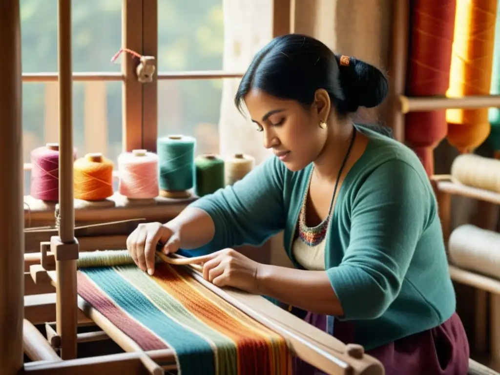 Un hábil artesano teje en un telar de madera rodeado de hilos de colores