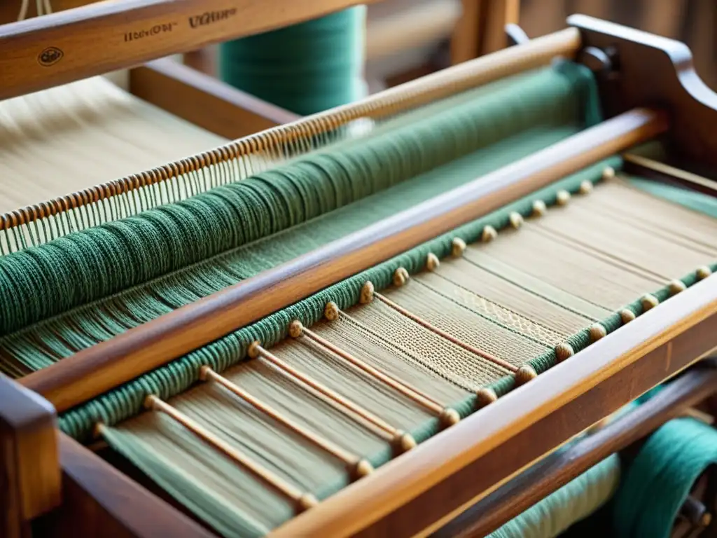 Telar artesanal: tradición y creatividad sostenible Un hábil artesano utiliza un telar de madera vintage para crear una hermosa pieza textil, destacando la artesanía tradicional y el upcycling digital