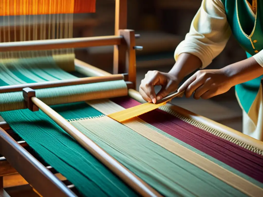 Un hábil artesano opera un telar tradicional de madera, tejiendo con destreza hermosos hilos de colores