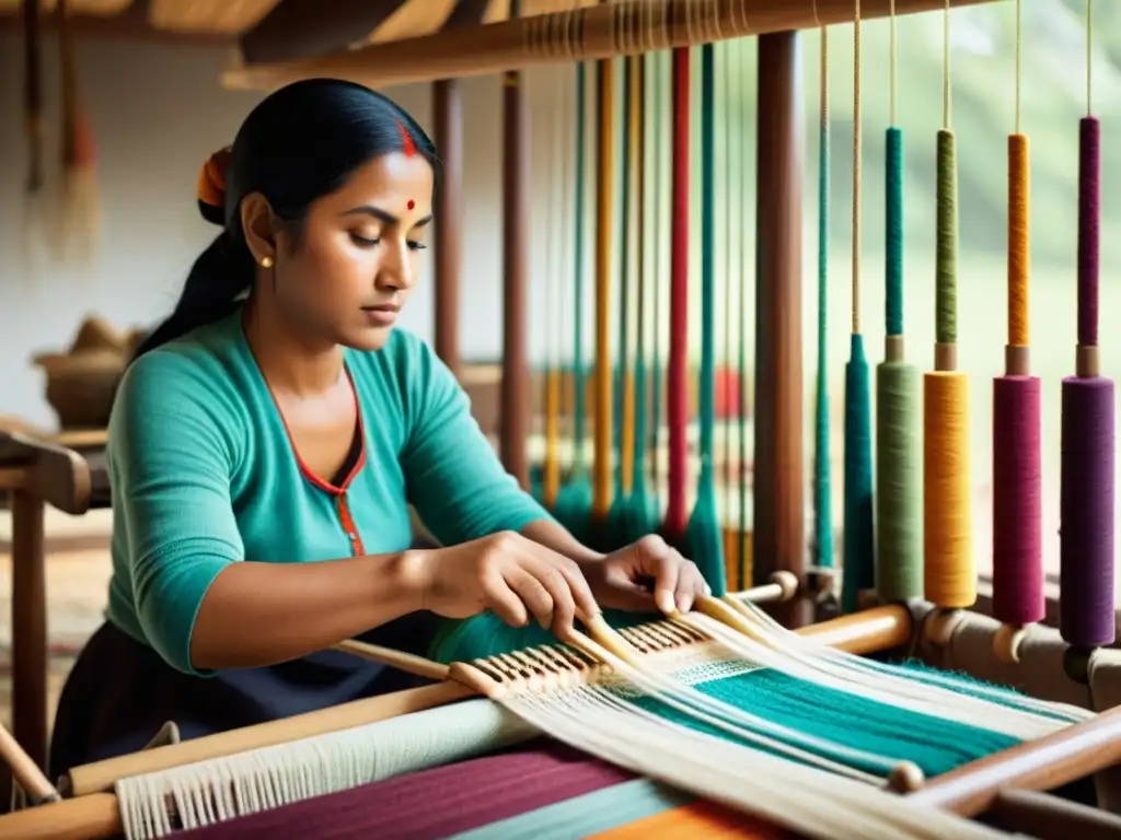 Un hábil artesano tejiendo en un telar tradicional, rodeado de coloridos hilos y patrones textiles