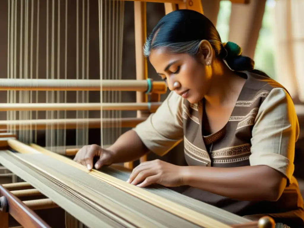 Un hábil artesano trabaja en un telar tradicional rodeado de hilos vibrantes y patrones textiles