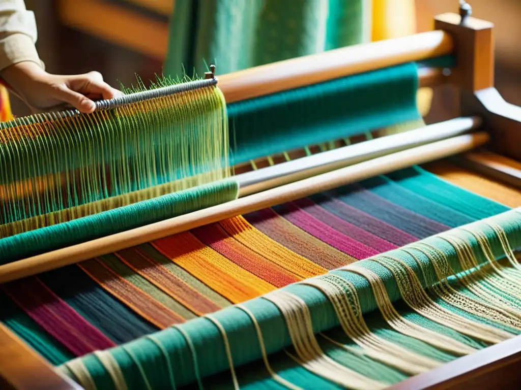 Un hábil artesano opera un telar vintage, creando textiles con hilos vibrantes