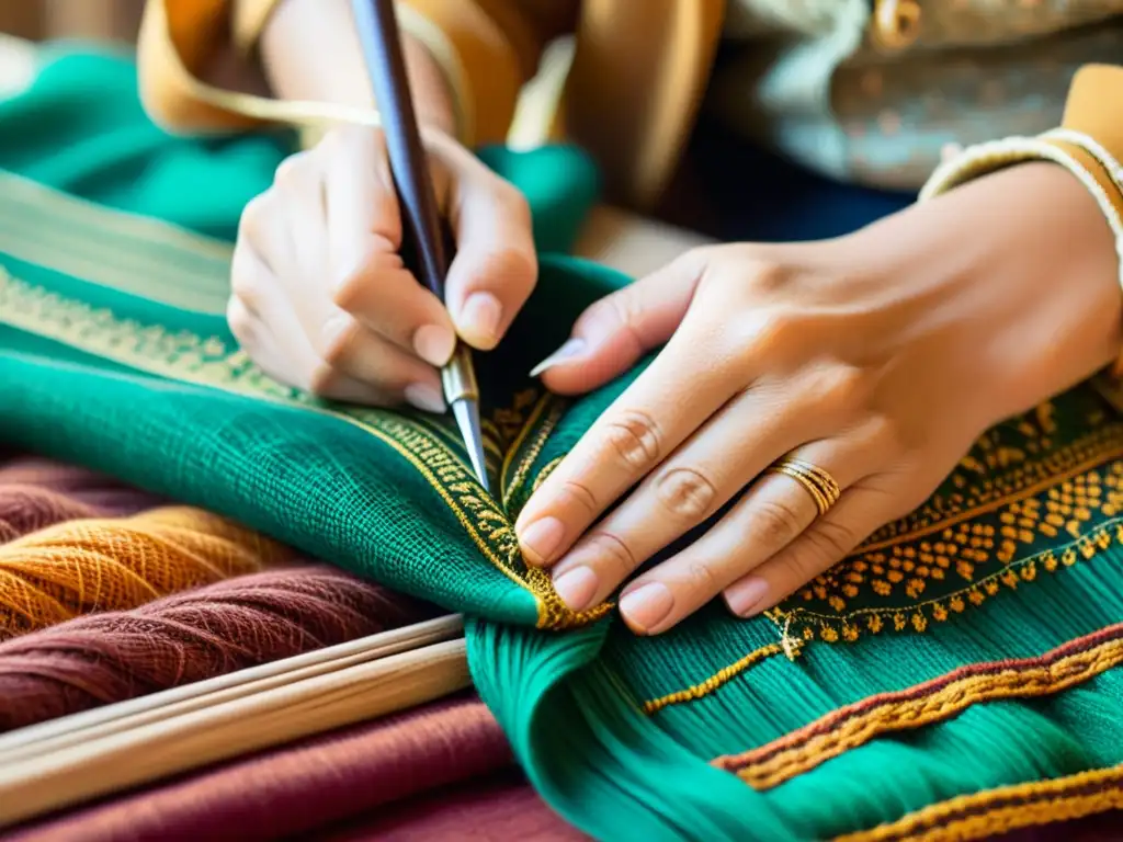 Un hábil artesano tejiendo un textil tradicional con hilos coloridos, representando la biodiversidad artesanal