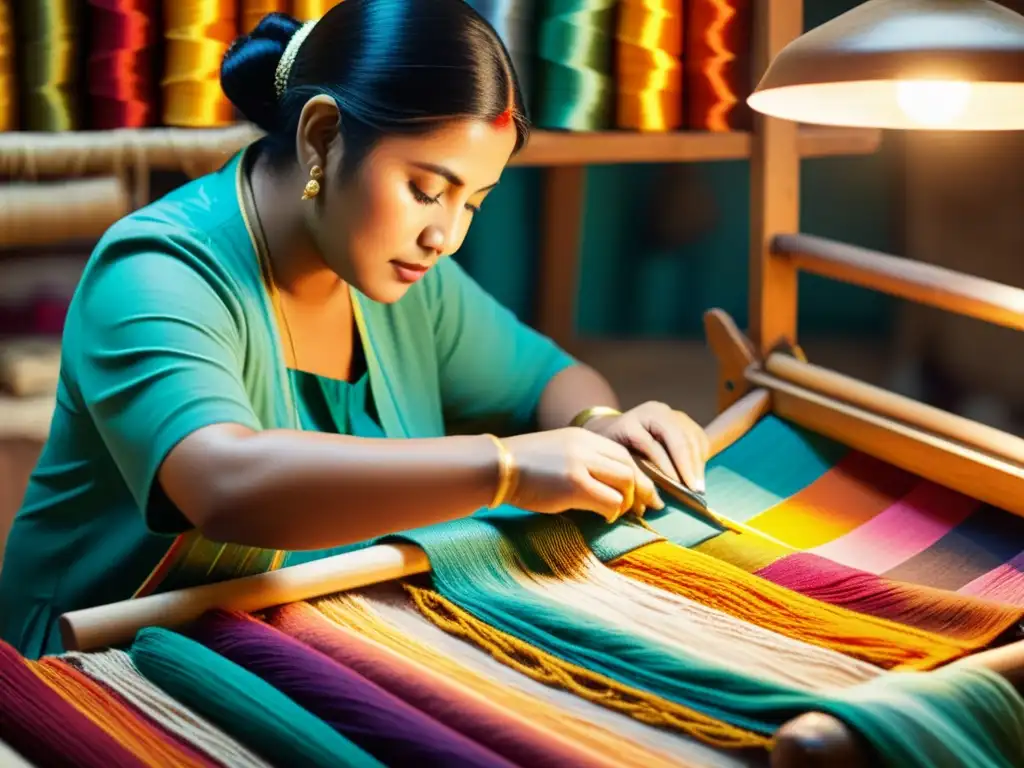 Un hábil artesano elabora un textil tradicional con técnicas artesanales en branding digital, rodeado de hilos y telas coloridas