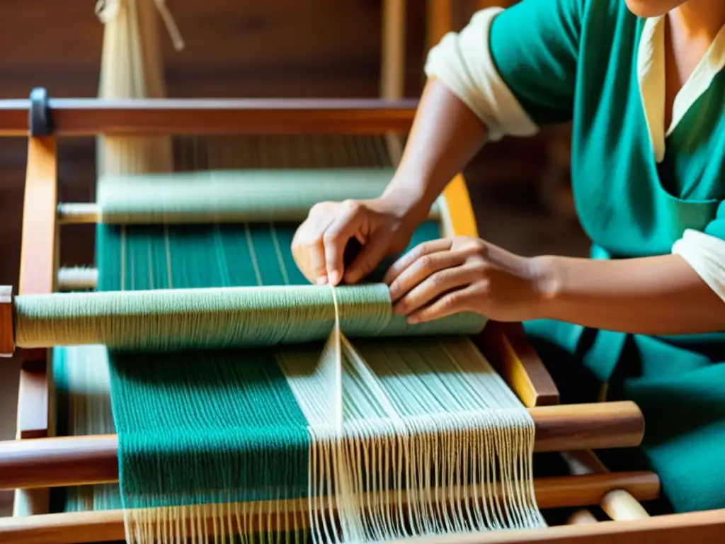 Un hábil artesano teje textiles tradicionales en un telar de madera, rodeado de materiales naturales