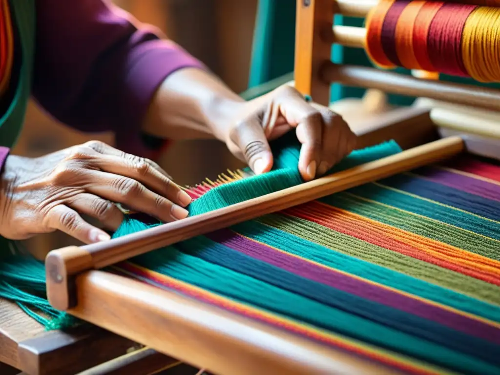 Un hábil artesano tejiendo vibrantes hilos en un telar de madera, mostrando maestría y atención al detalle en la artesanía textil