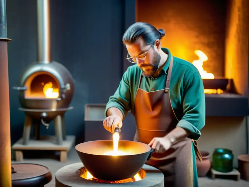 Un hábil artesano moldea vidrio fundido frente a un horno brillante en una tradicional fábrica de vidrio