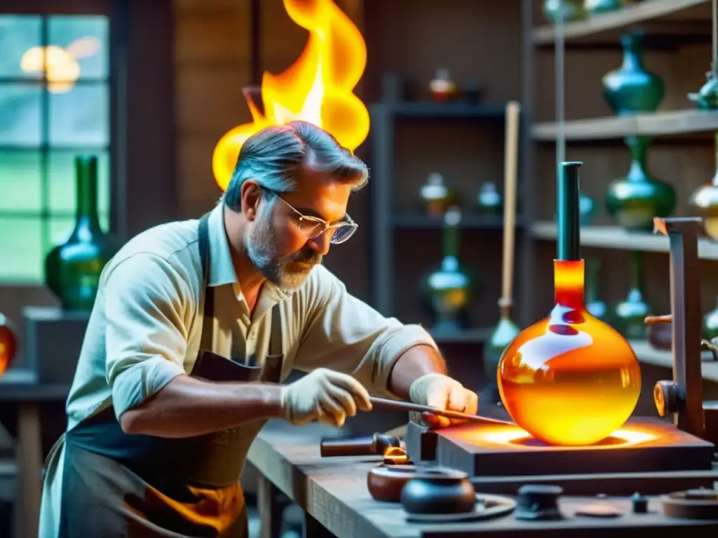 Un hábil artesano trabaja el vidrio soplado en un taller tradicional, con herramientas y esculturas coloridas