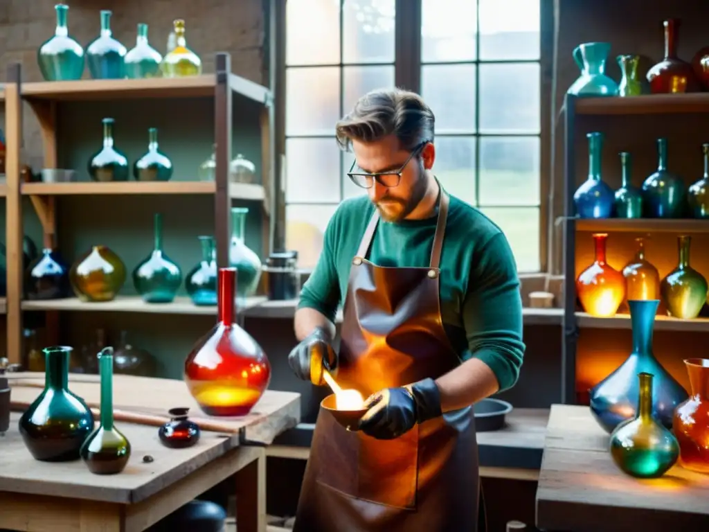 Un hábil artesano moldea vidrio en un taller vintage iluminado por la luz solar