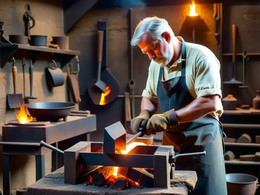 Un hábil herrero fundiendo desechos metálicos en un antiguo taller, creando piezas artesanales con una atmósfera llena de historia y tradición