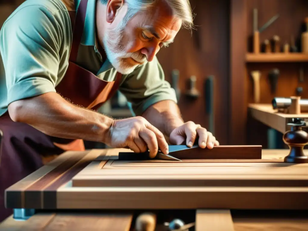 Un hábil carpintero talla detalles en madera de caoba, con un cálido y suave resplandor en su taller