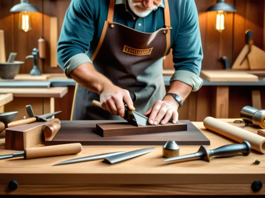 Un hábil carpintero talla diseños detallados en madera oscura, rodeado de herramientas tradicionales