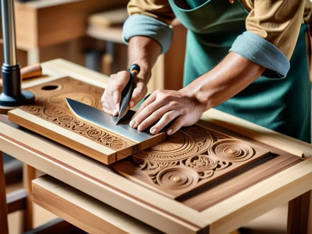 Un hábil ebanista talla diseños detallados en una pieza de mobiliario de madera vintage, rodeado de herramientas tradicionales y modernas