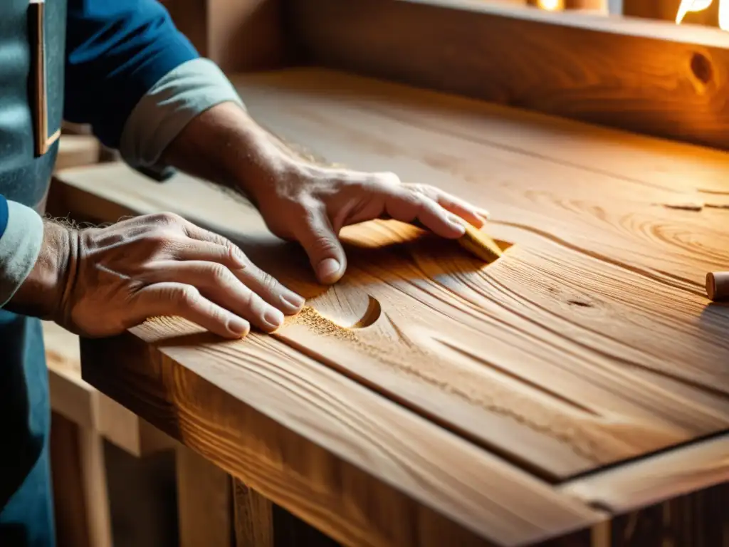 Un hábil carpintero talla con esmero detalles en madera envejecida, resaltando la artesanía de las técnicas carpintería tradicionales