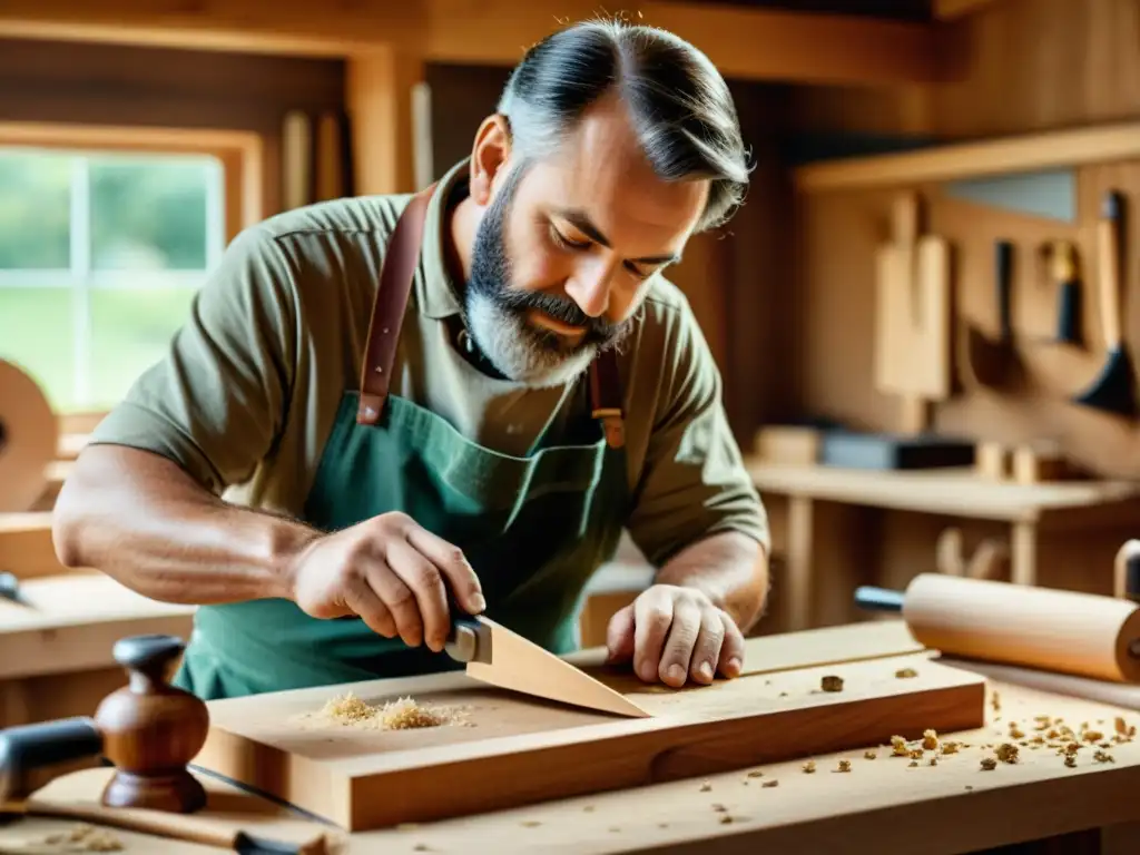 Un hábil carpintero talla con esmero una hermosa pieza de madera en un taller luminoso, evocando sostenibilidad en carpintería digital