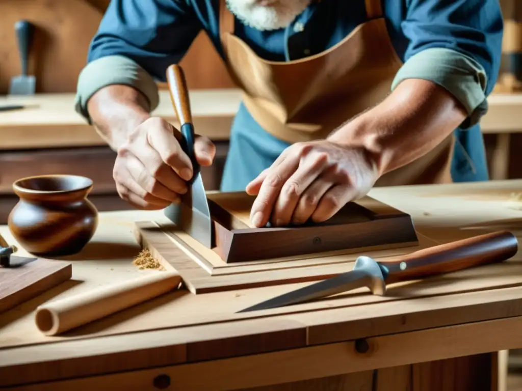 Un hábil carpintero talla con esmero una hermosa pieza de mobiliario rodeado de herramientas tradicionales, evocando la artesanía de la carpintería