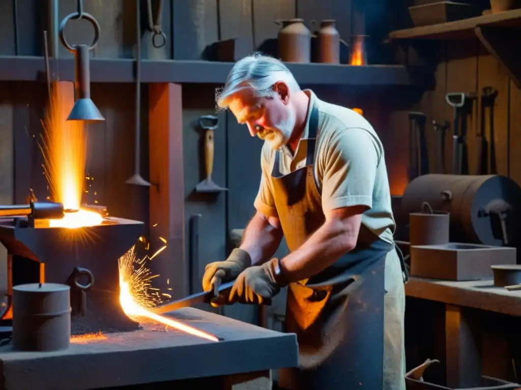 Un hábil herrero trabaja en su taller, forjando metal con destreza