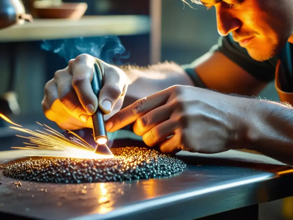 Un hábil orfebre moldea metal fundido en una joya, fusionando tradición y tecnología, reflejando 'Orfebrería artesanal en la era digital'