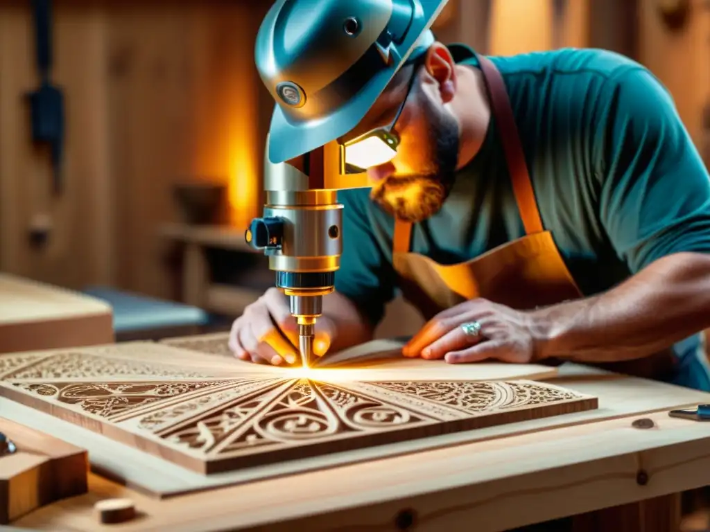 Un hábil carpintero talla patrones decorativos en madera con láser, rodeado de herramientas y ornamentos artesanales