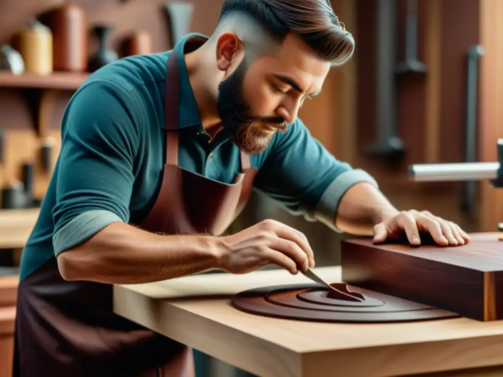 Un hábil tallador artesanal trabaja minuciosamente en un diseño intrincado en una tabla de caoba oscura, con virutas de madera cayendo alrededor