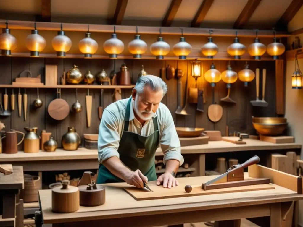 Un hábil carpintero en su taller, rodeado de herramientas tradicionales y muebles de madera