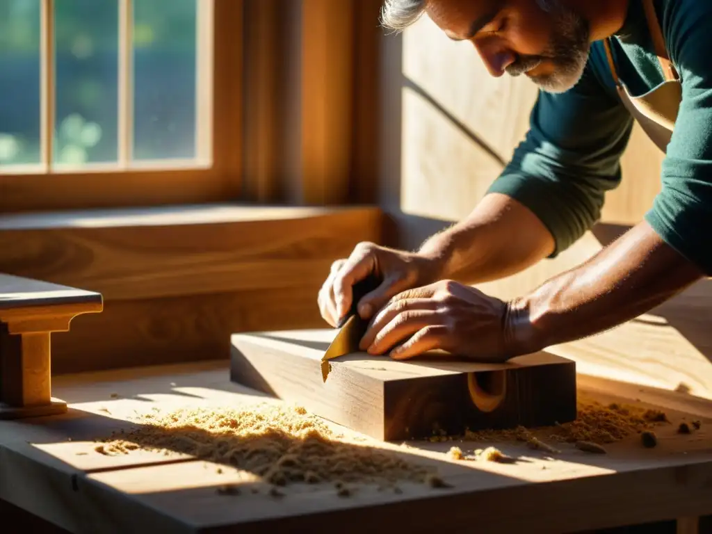 Un hábil carpintero fusionando carpintería tradicional con tecnología sustentable, tallando delicados diseños en madera rica y terrosa