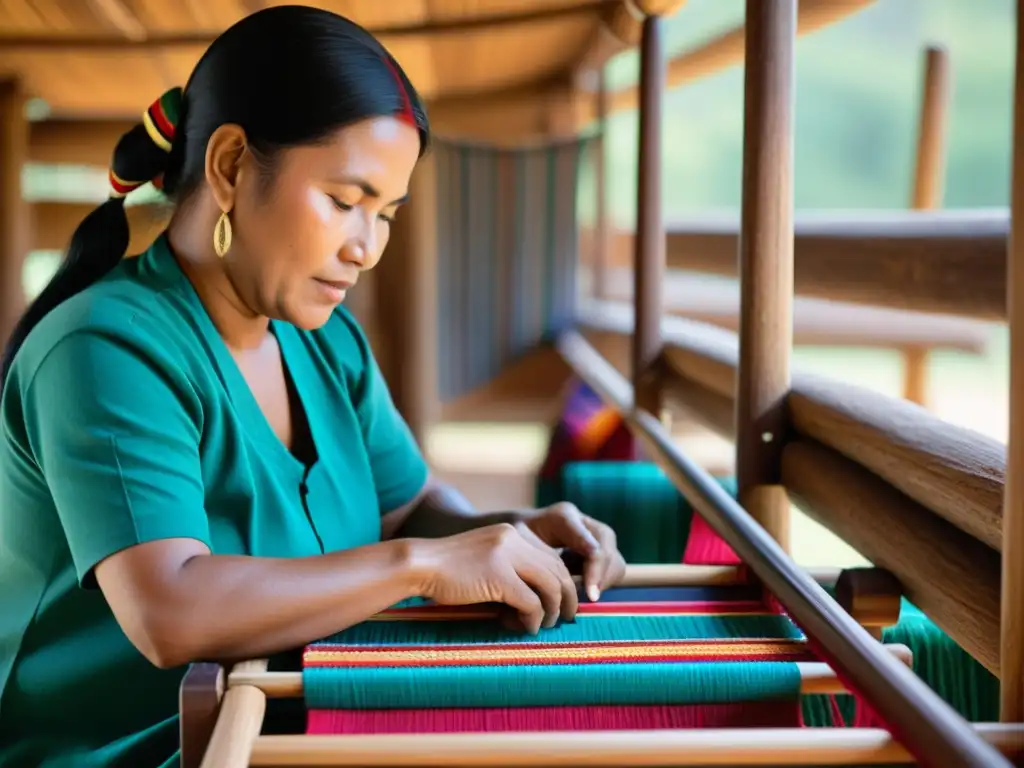 Hábiles artesanos indígenas tejiendo textiles tradicionales en telares de madera, destacando la artesanía indígena en redes sociales