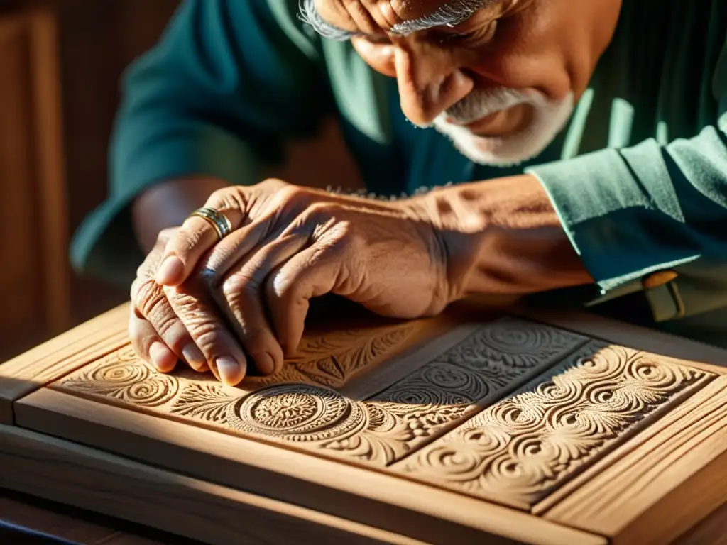 Las hábiles manos del anciano artesano esculpen con precisión en madera, resaltando la artesanía tradicional en la era digital